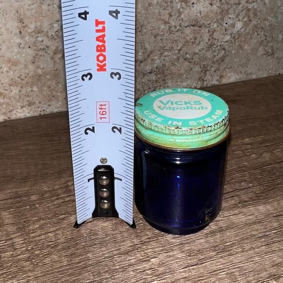 VTG Vicks Vapor Rub Blue Cobalt Glass Jar w/ Twist Metal Cap 2.5"  x 1.5" W #1 - Picture 5 of 7